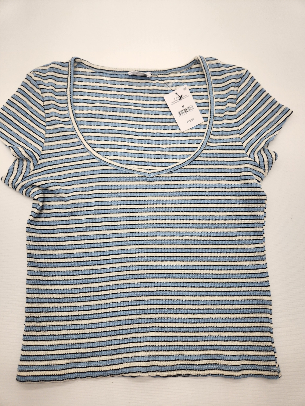 Cotton On Hailey Ribbed Striped V-Neck Tee Medium NWT Blue White Fitted Stretch